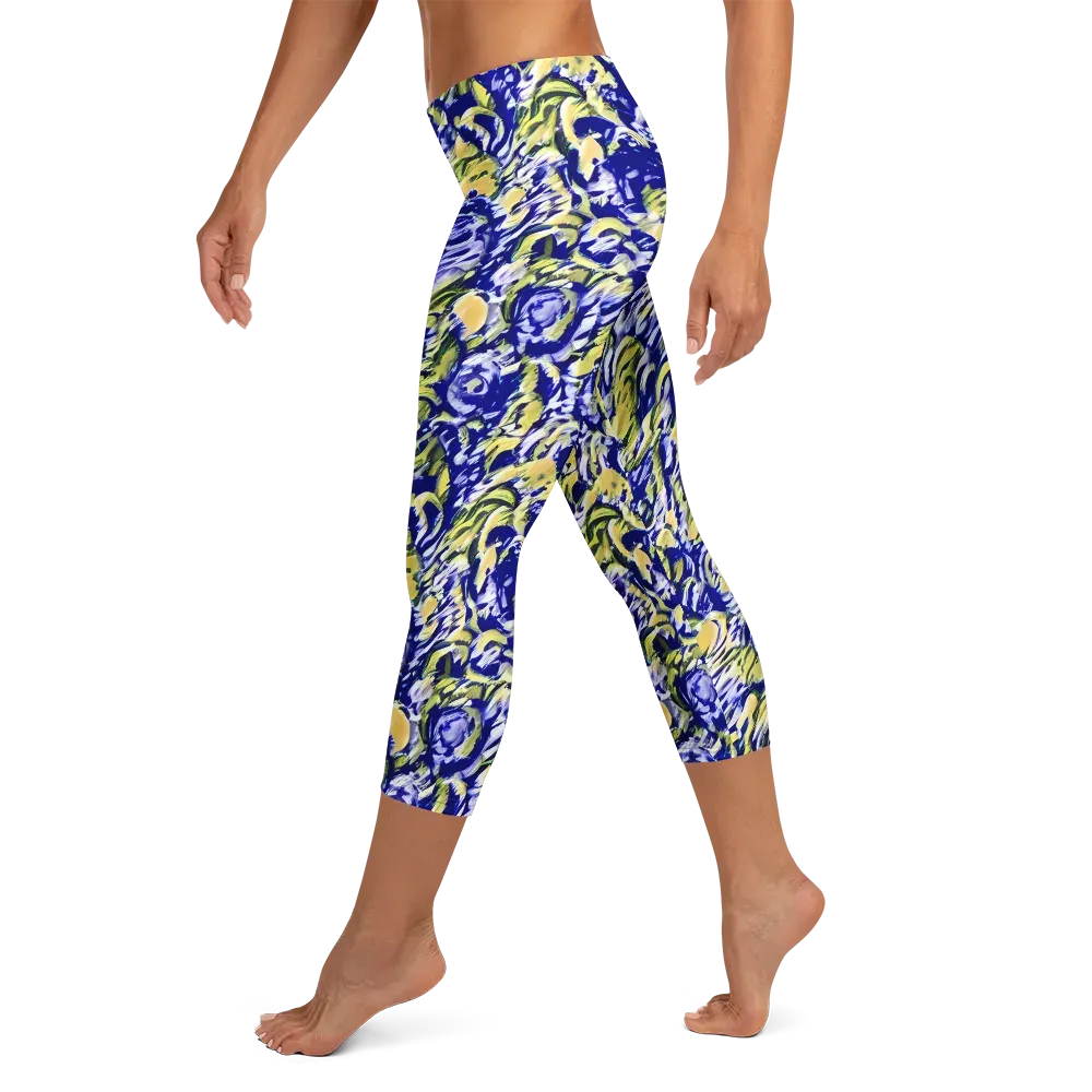 Cobalt Bloomstorm on Capri Leggings — Left