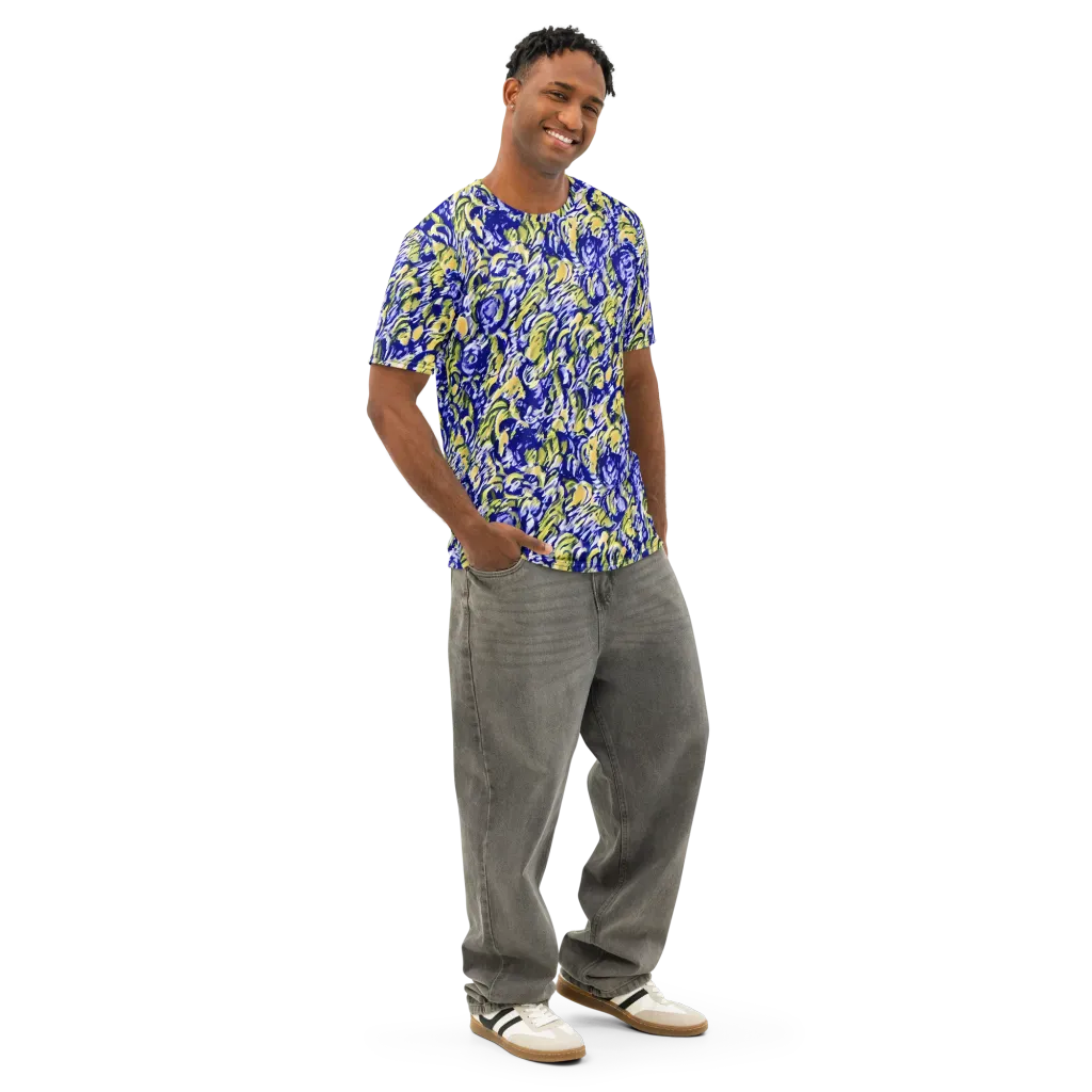 Cobalt Bloomstorm on Men's Cotton Crew Neck T-Shirt — Right Front