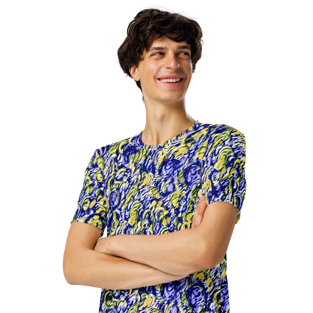 Cobalt Bloomstorm on Men's Crew Neck T-Shirt — Left Front