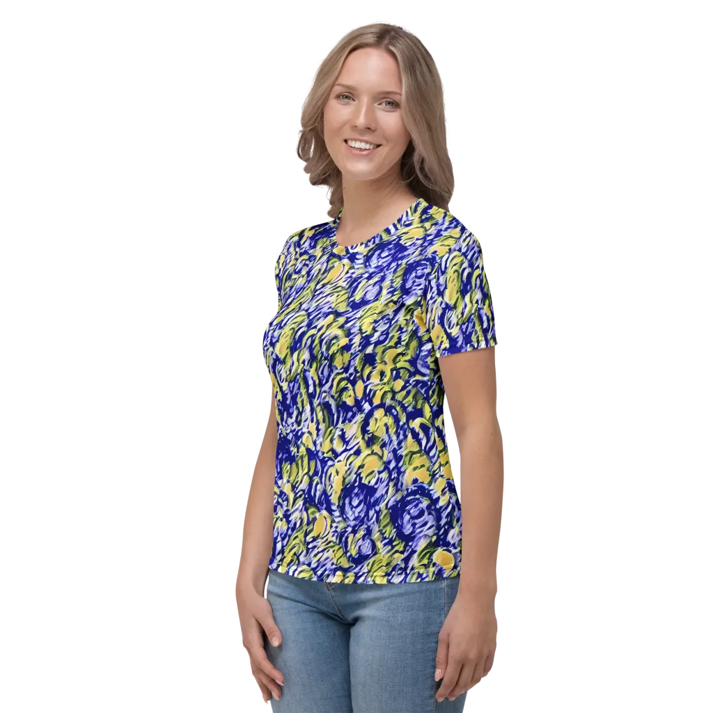 Cobalt Bloomstorm on Women's Crew Neck T-Shirt — Left