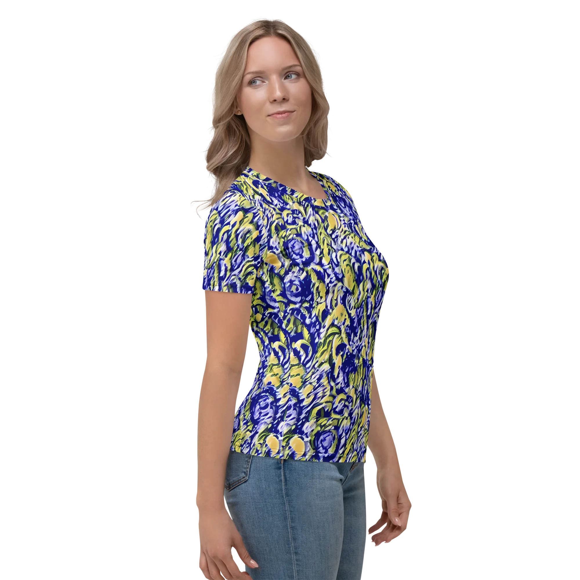 Cobalt Bloomstorm on Women's Crew Neck T-Shirt — Right