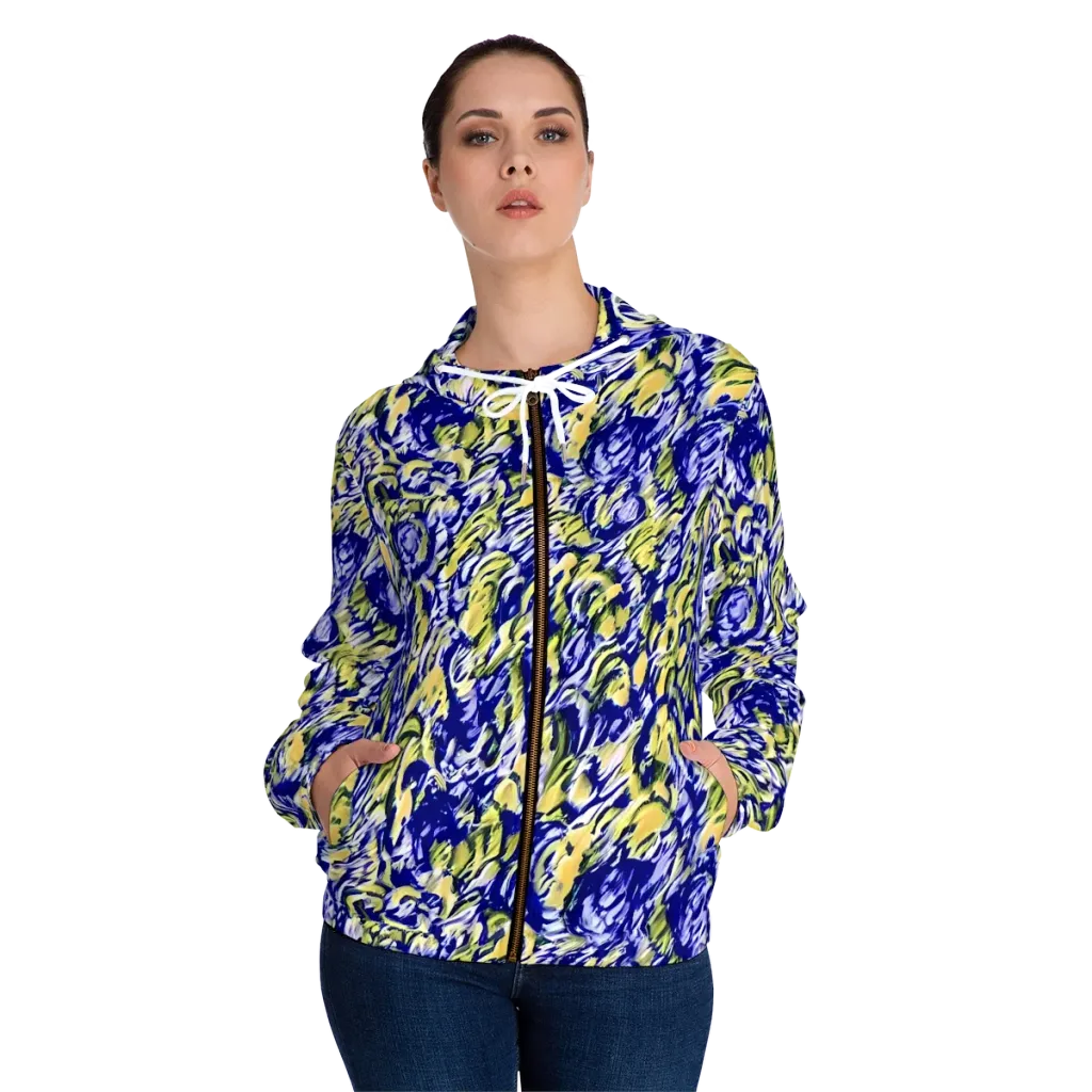 Cobalt Bloomstorm on Women's Full-Zip Hoodie — Front On Person
