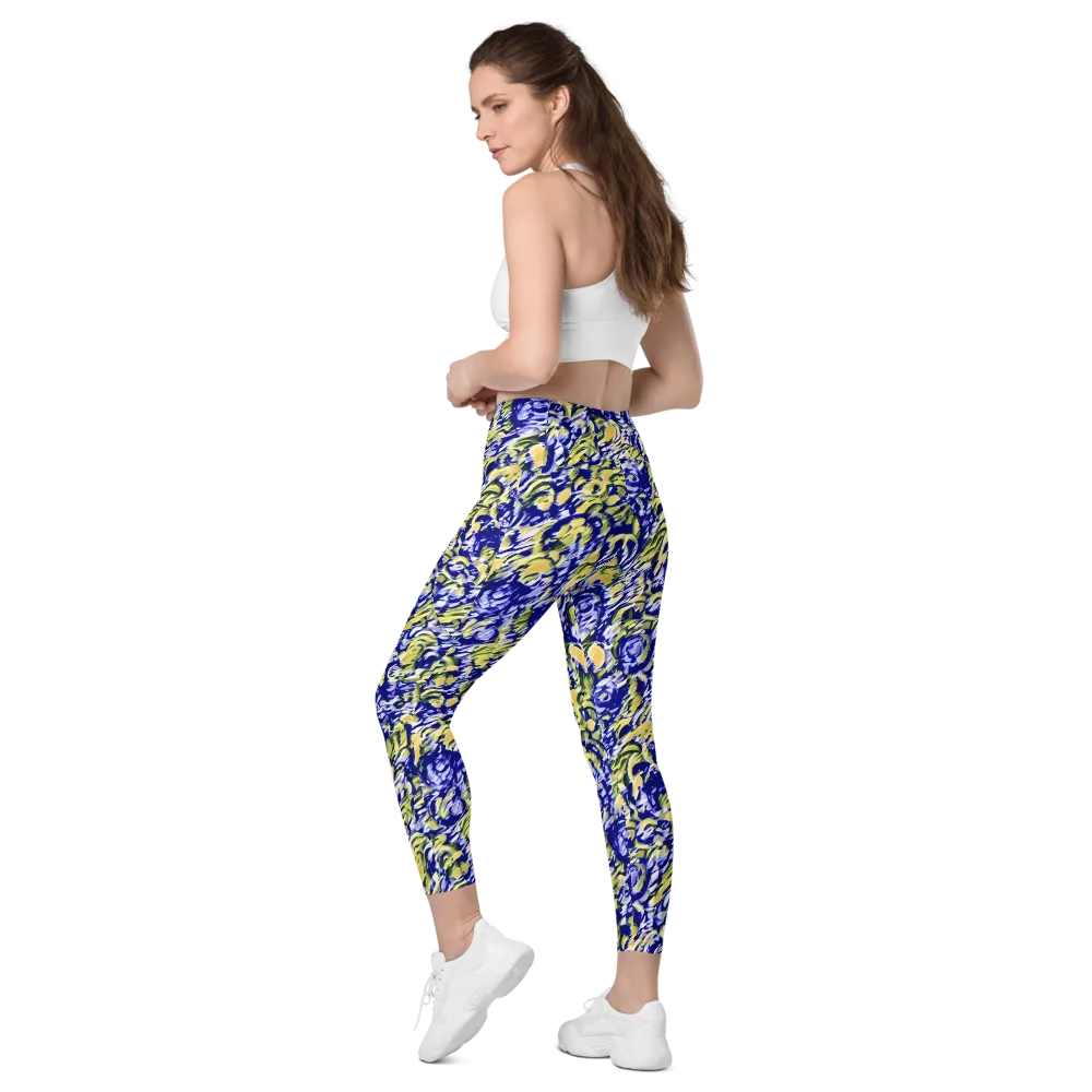 Cobalt Bloomstorm on Leggings with Pockets — Left Back