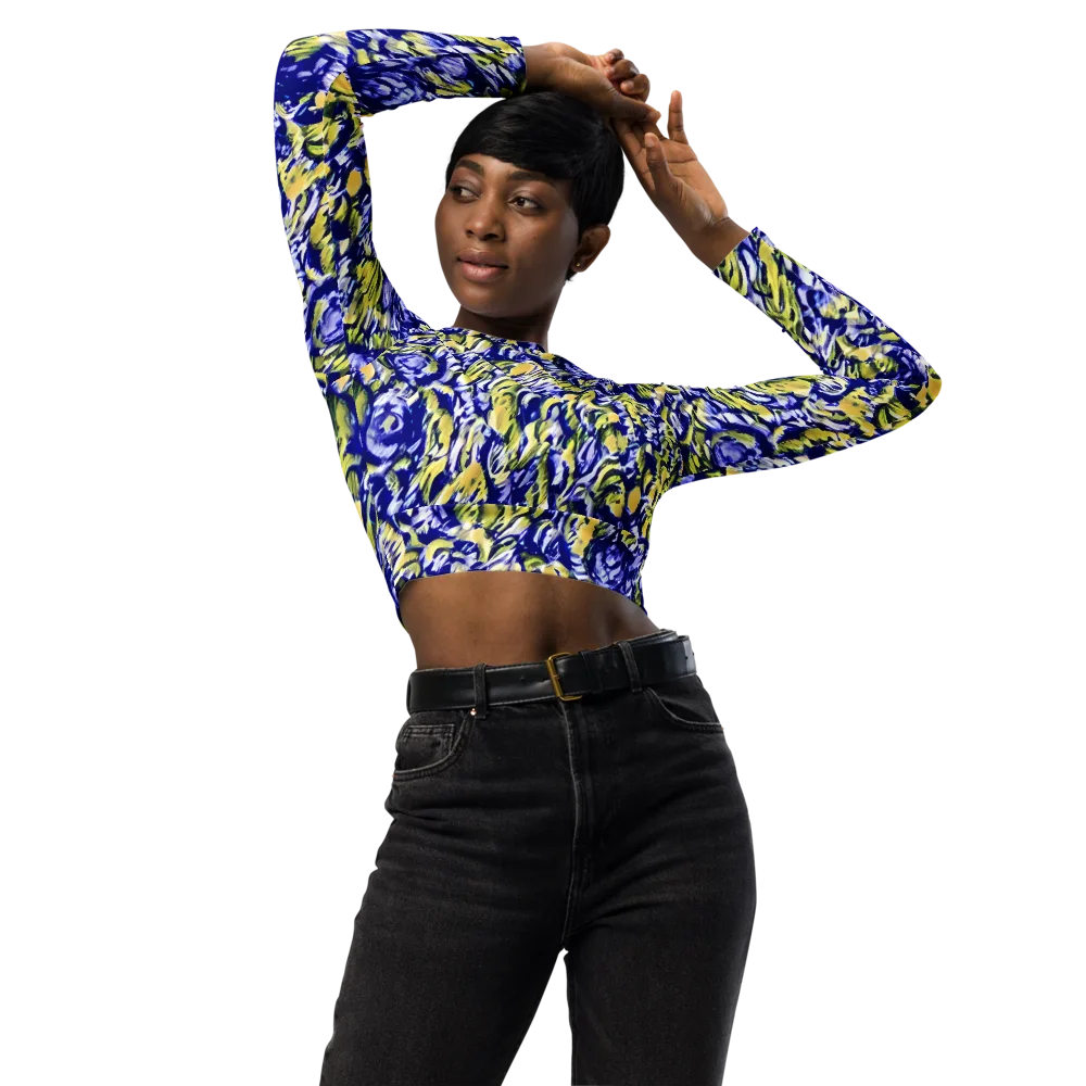 Cobalt Bloomstorm on Long Sleeve Crop Top — Front