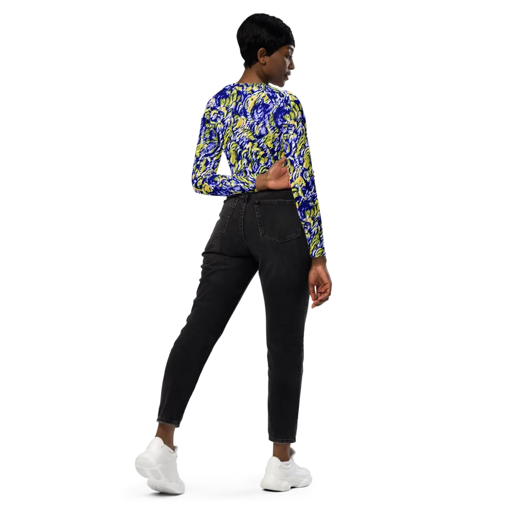 Cobalt Bloomstorm on Long Sleeve Crop Top — Right Back
