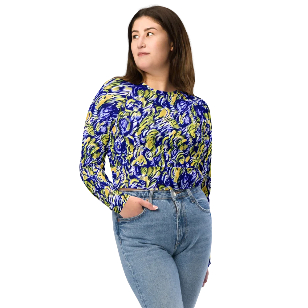 Cobalt Bloomstorm on Long Sleeve Crop Top — Front