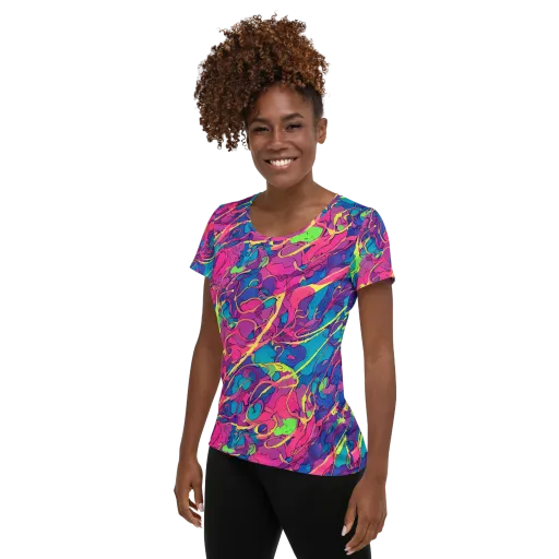 Magenta Velocity on a Women's Athletic T-Shirt