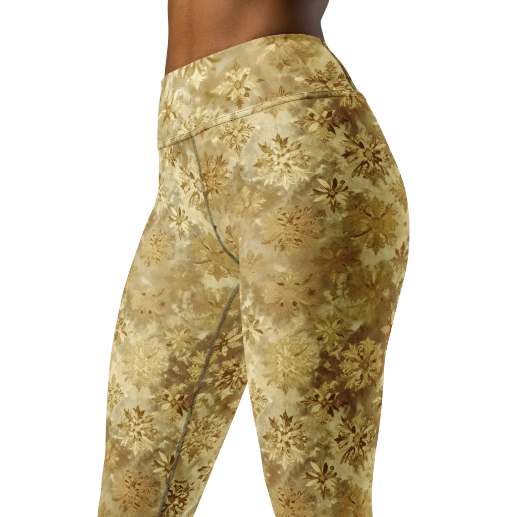 Champagne Damask on Yoga Leggings — Left Front