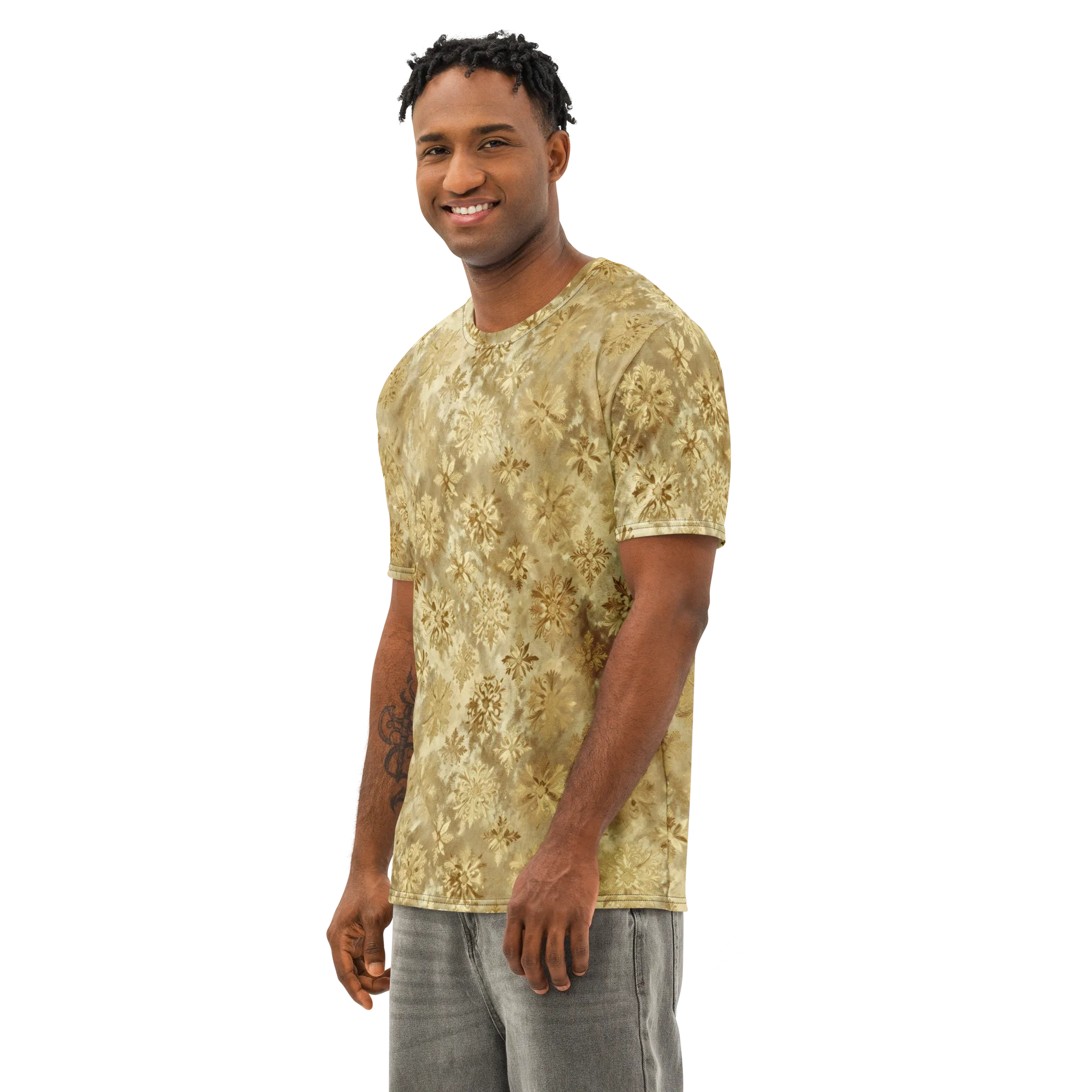 Champagne Damask on Men's Cotton Crew Neck T-Shirt — Left Front