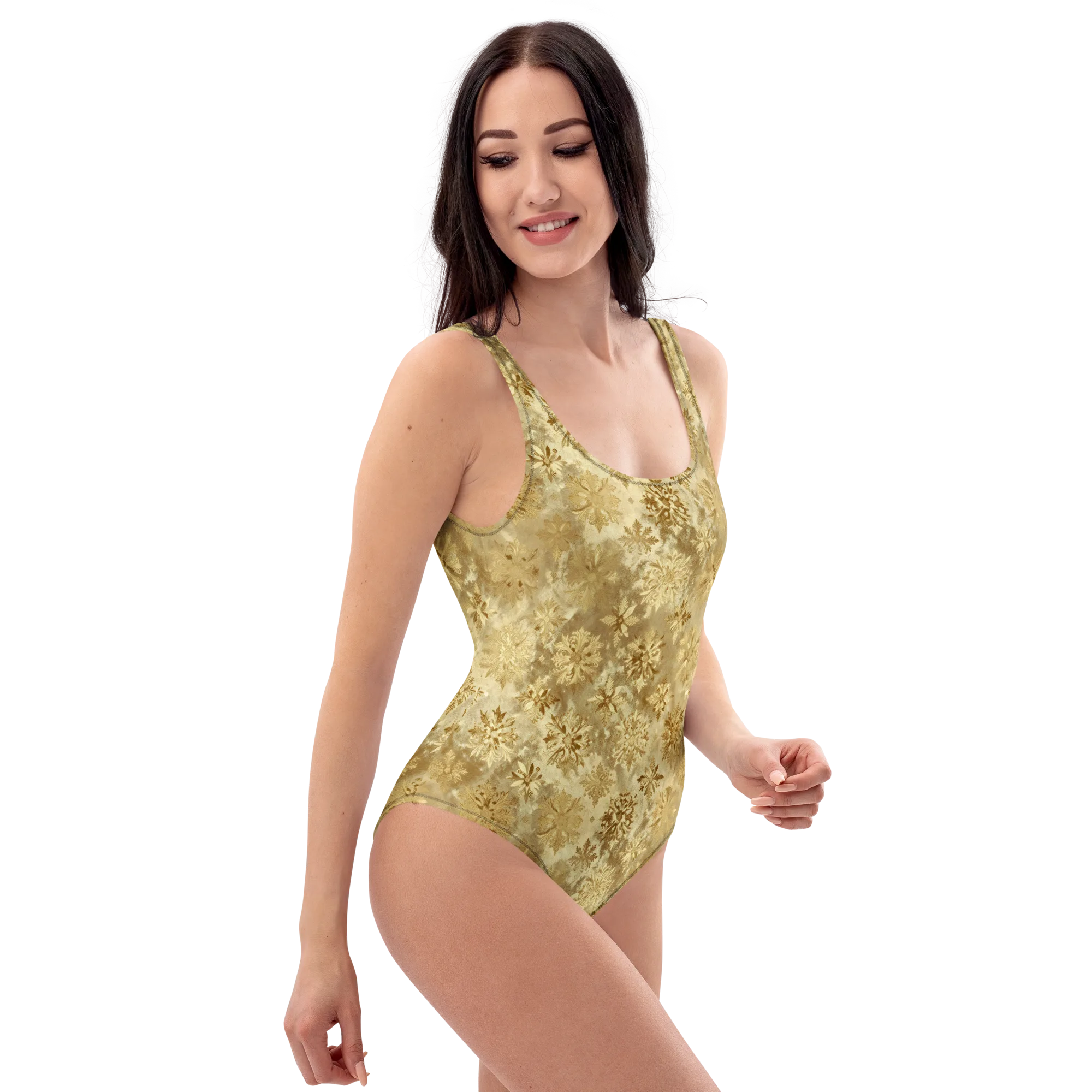 Champagne Damask on One-Piece Swimsuit — Right