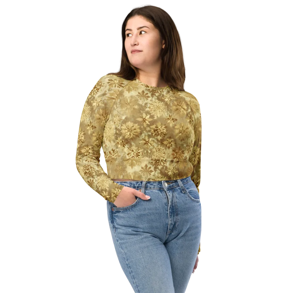 Champagne Damask on Long Sleeve Crop Top — Front