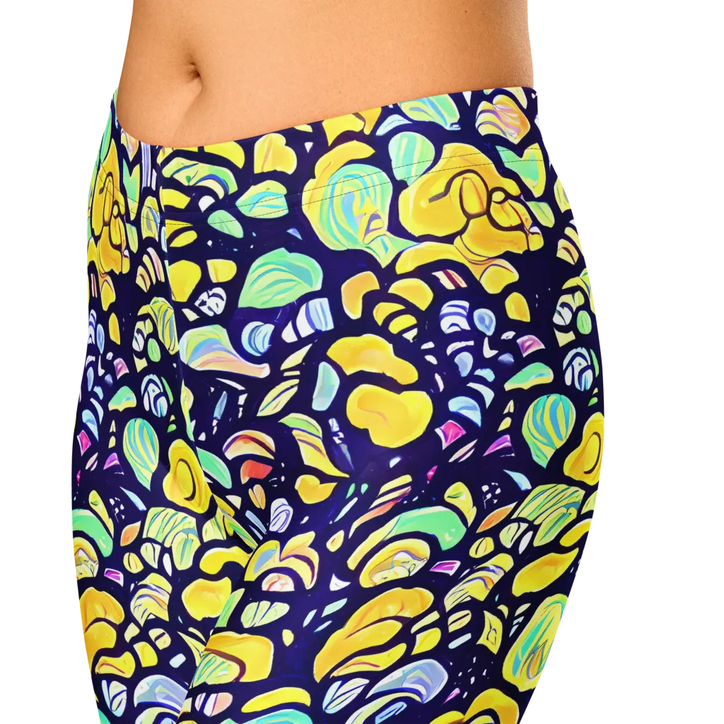 Indigo Fruit Riot on Capri Leggings — Zoomed-in