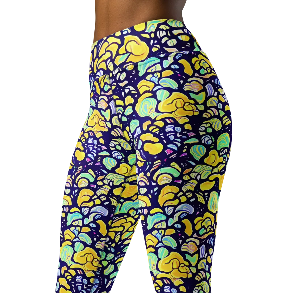 Indigo Fruit Riot on Yoga Leggings — Left Front