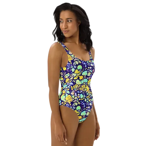Indigo Fruit Riot on a One-Piece Swimsuit