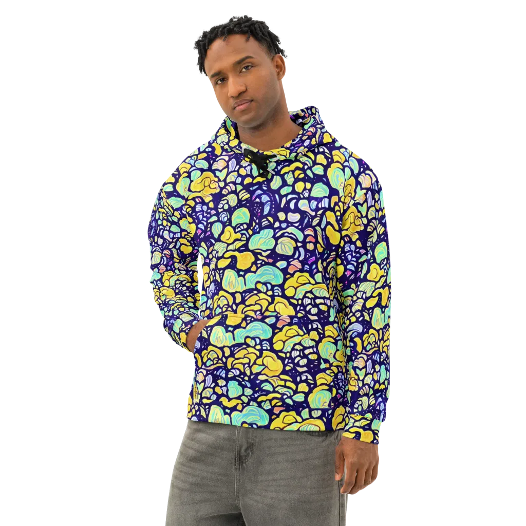 Indigo Fruit Riot on Cotton Hoodie — Left Front