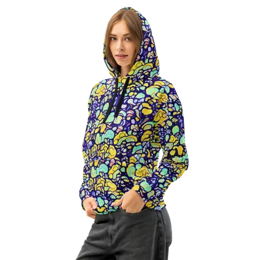 Indigo Fruit Riot on a Cotton Hoodie
