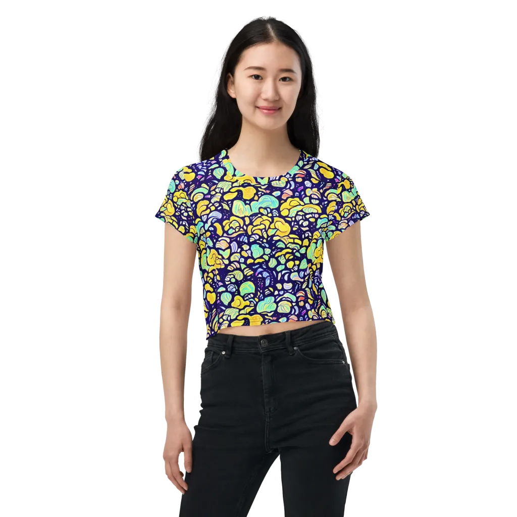 Indigo Fruit Riot on Crop Tee — Front