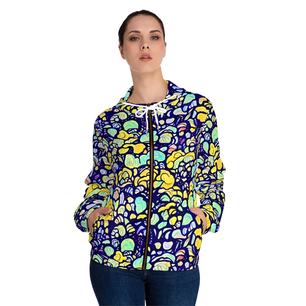 Indigo Fruit Riot on Women's Full-Zip Hoodie — Front On Person