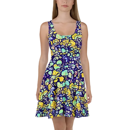 Indigo Fruit Riot on a Skater Dress