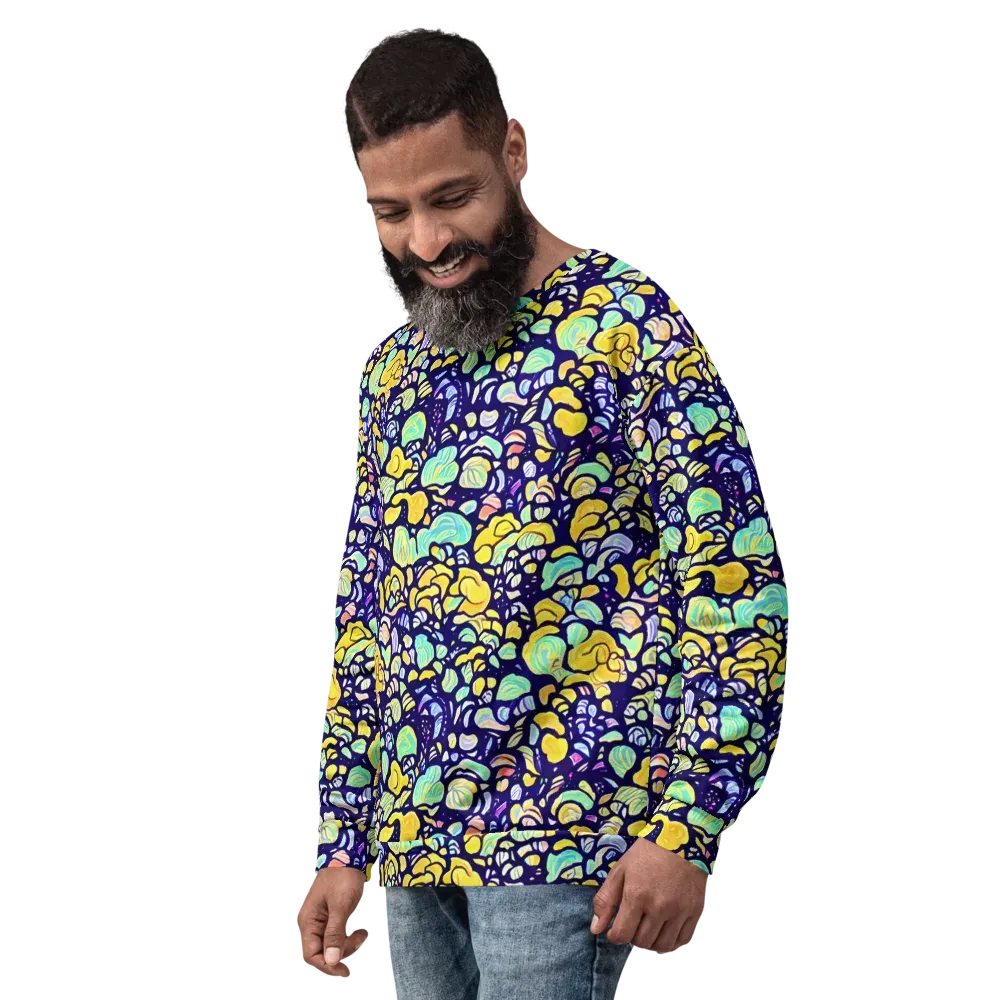 Indigo Fruit Riot on Sweatshirt — Left Front