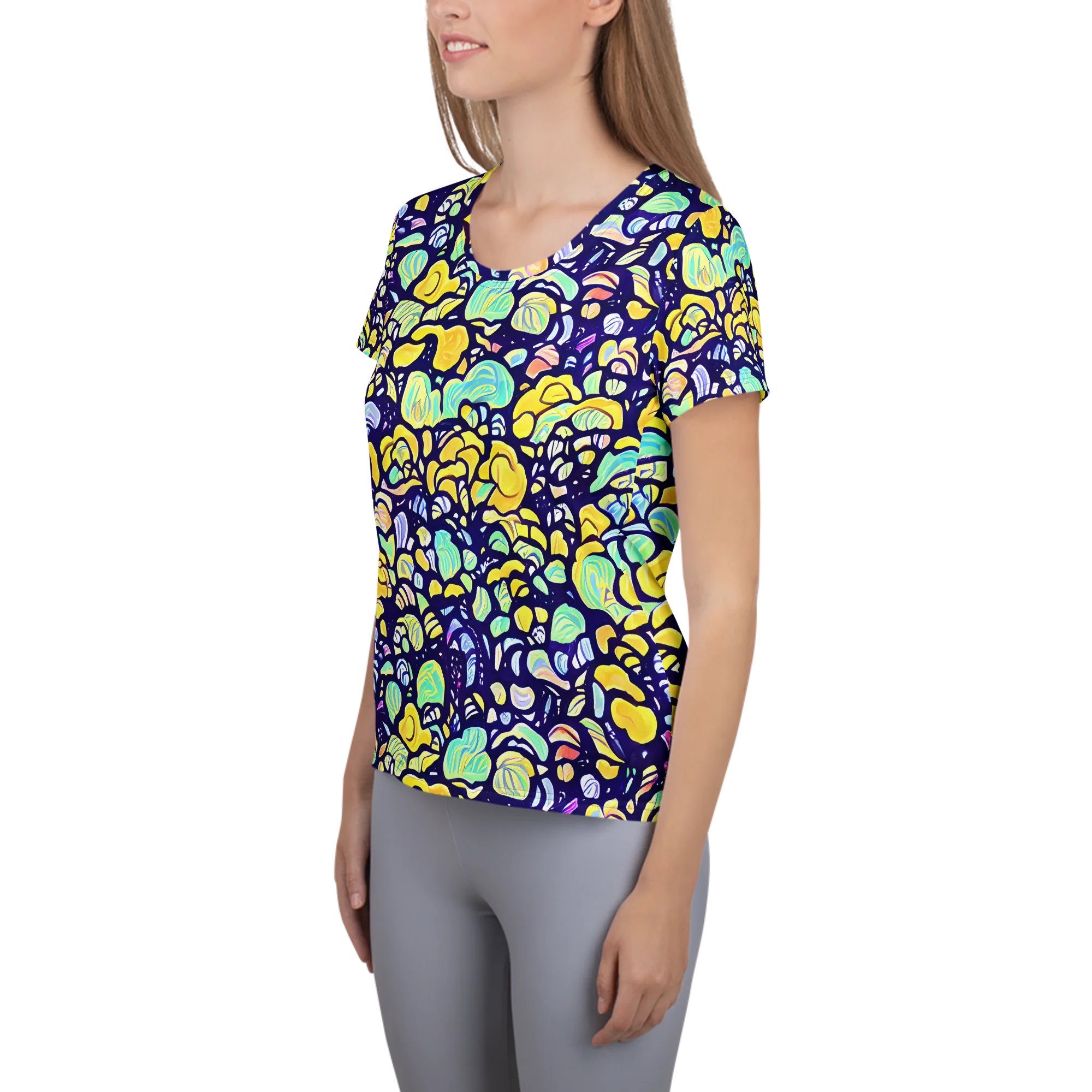 Indigo Fruit Riot on Women's Athletic T-Shirt — Left
