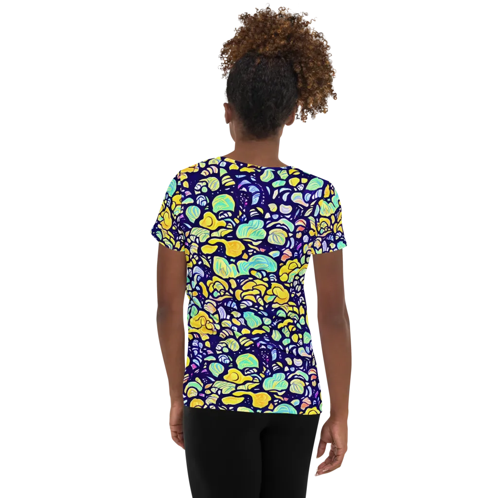 Indigo Fruit Riot on Women's Athletic T-Shirt — Back
