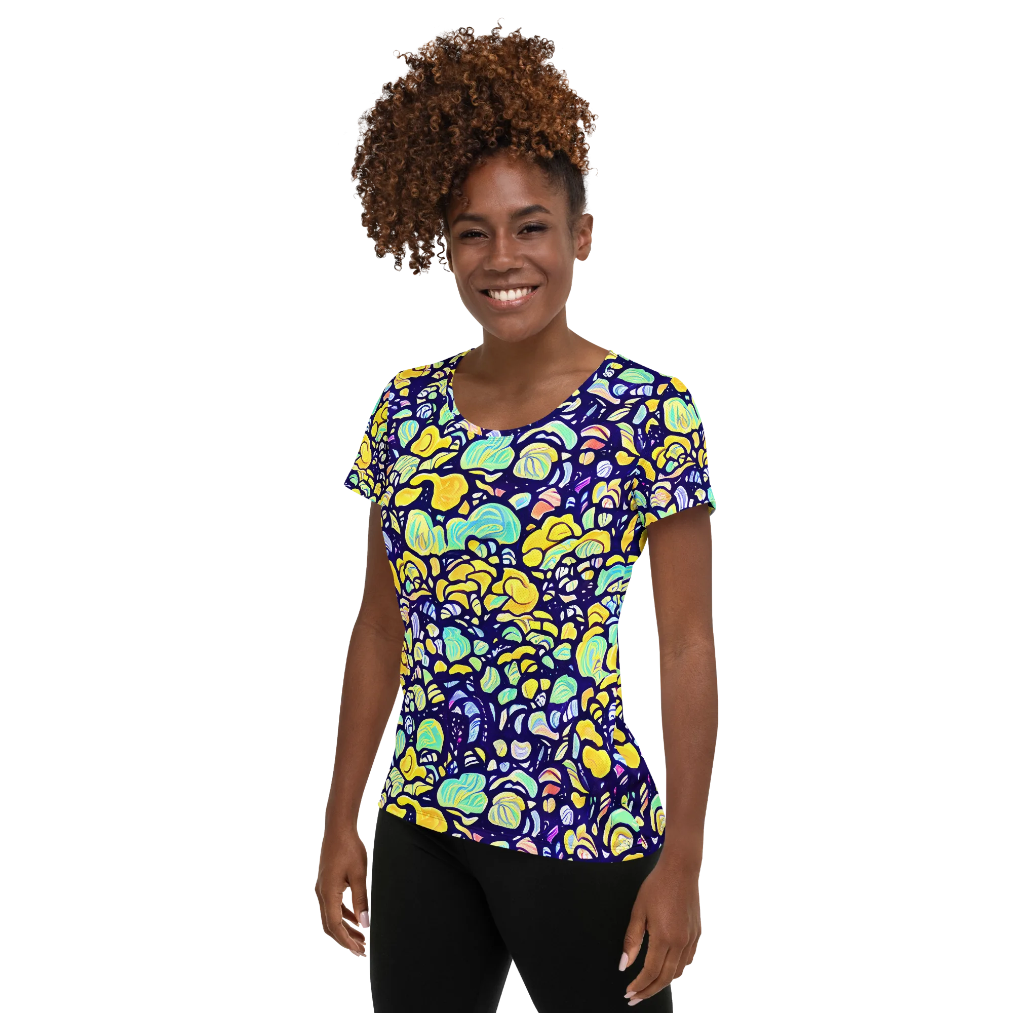 Indigo Fruit Riot on Women's Athletic T-Shirt — Left