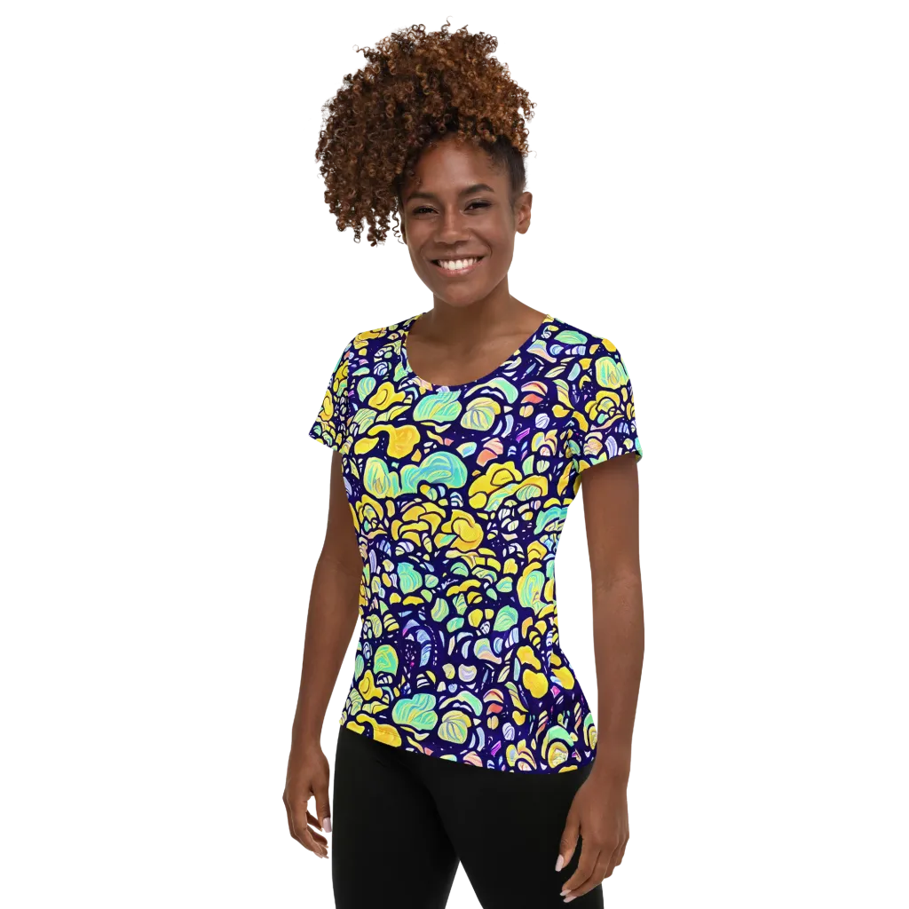 Indigo Fruit Riot on Women's Athletic T-Shirt — Left