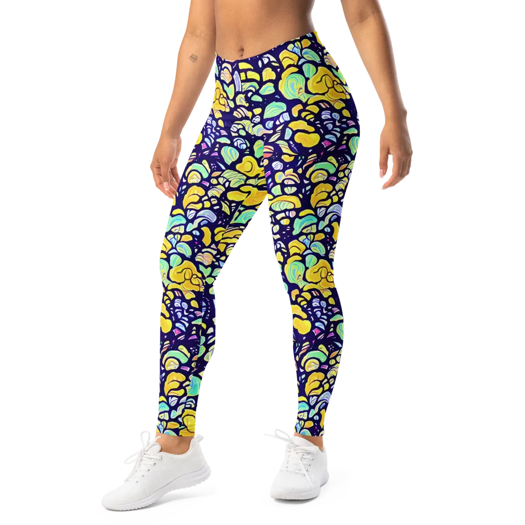 Indigo Fruit Riot on Leggings — Left Front