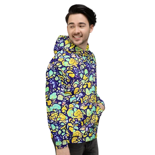Indigo Fruit Riot on a Hoodie