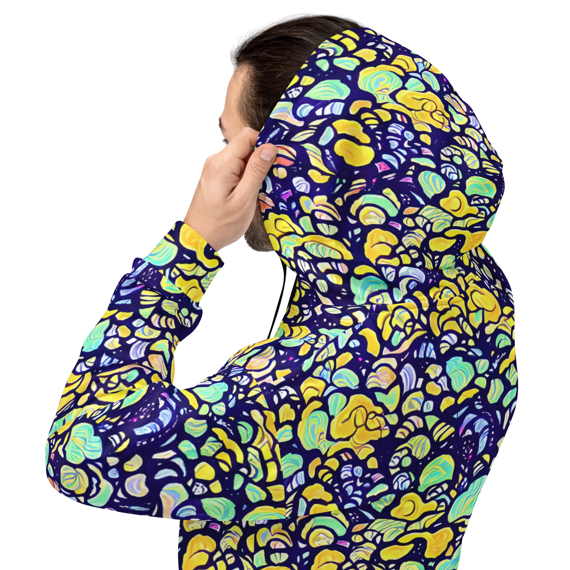 Indigo Fruit Riot on Hoodie — Back