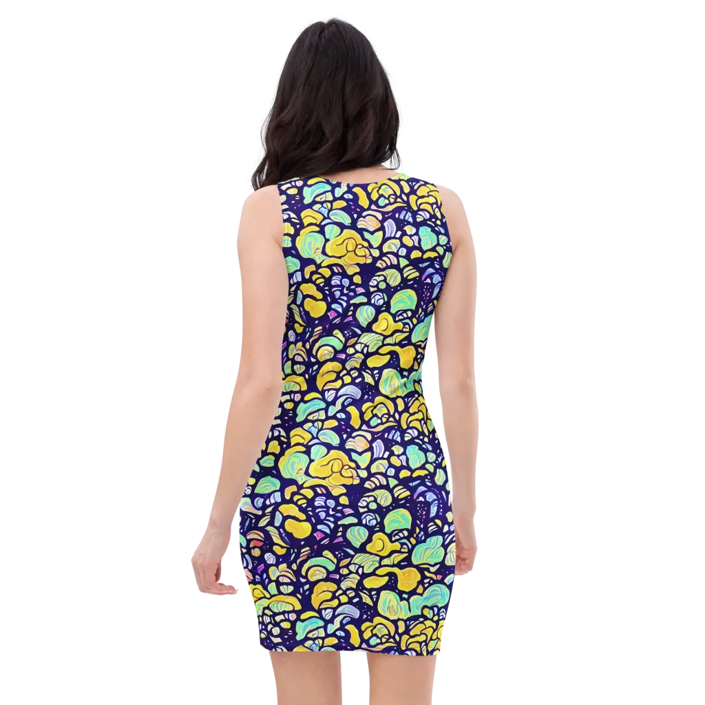 Indigo Fruit Riot on Bodycon Dress — Back