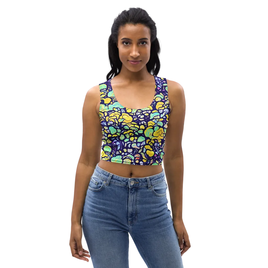 Indigo Fruit Riot on Crop Top — Front