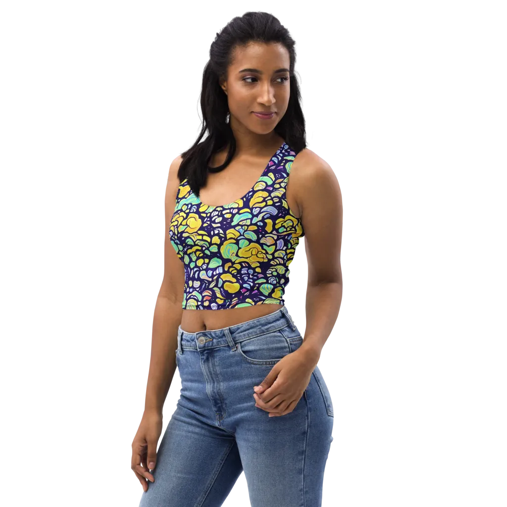 Indigo Fruit Riot on Crop Top — Left Front
