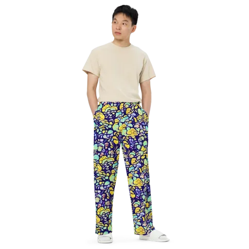 Indigo Fruit Riot on a Wide-Leg Pants