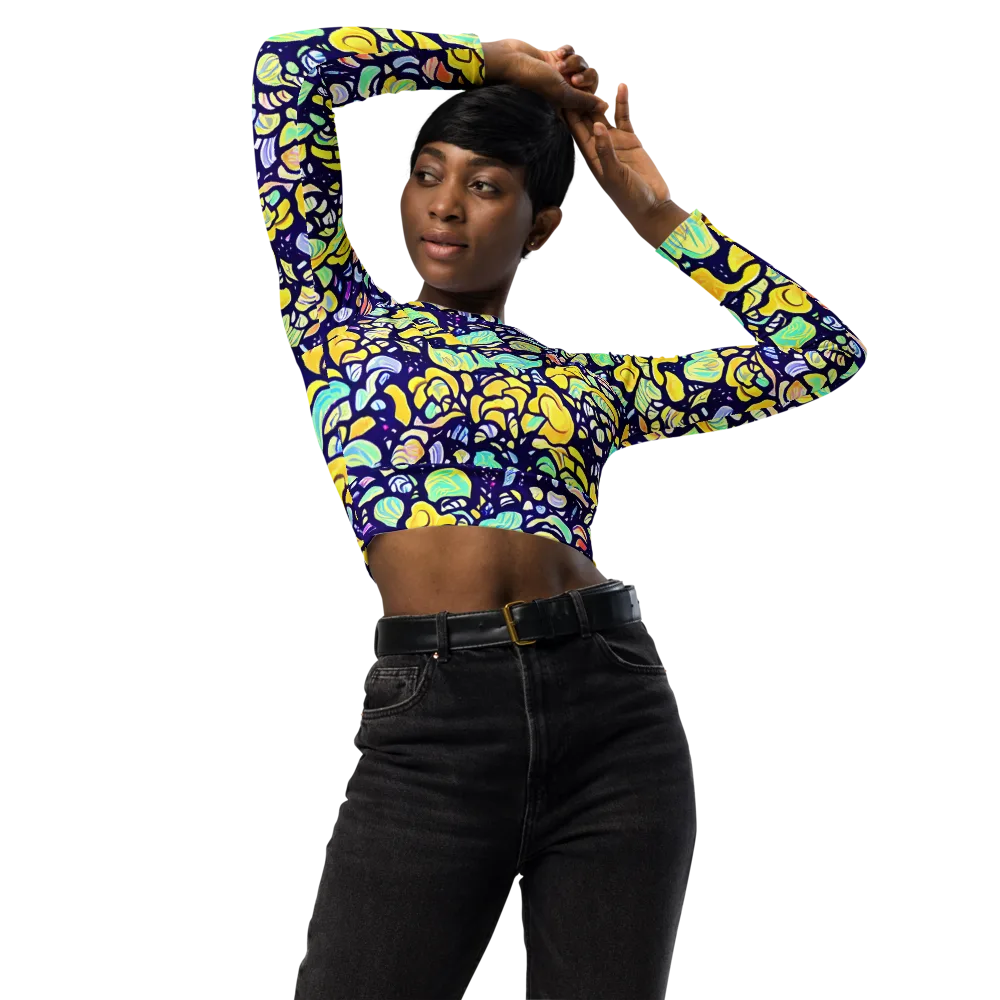 Indigo Fruit Riot on Long Sleeve Crop Top — Front