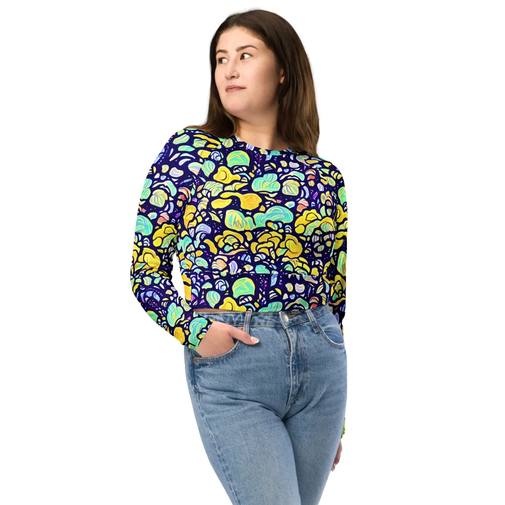 Indigo Fruit Riot on Long Sleeve Crop Top — Front