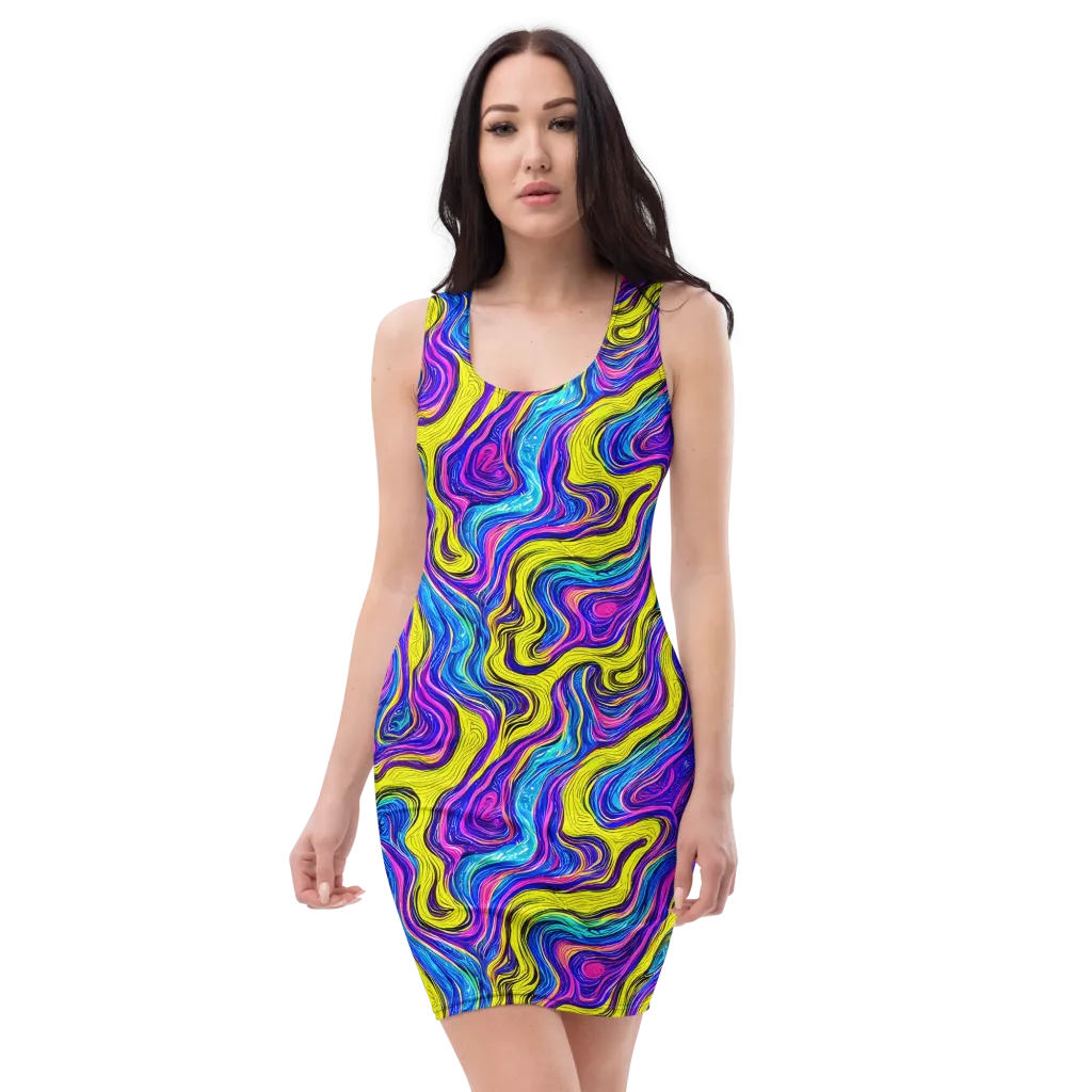 Vivid Whirl on Bodycon Dress — Front