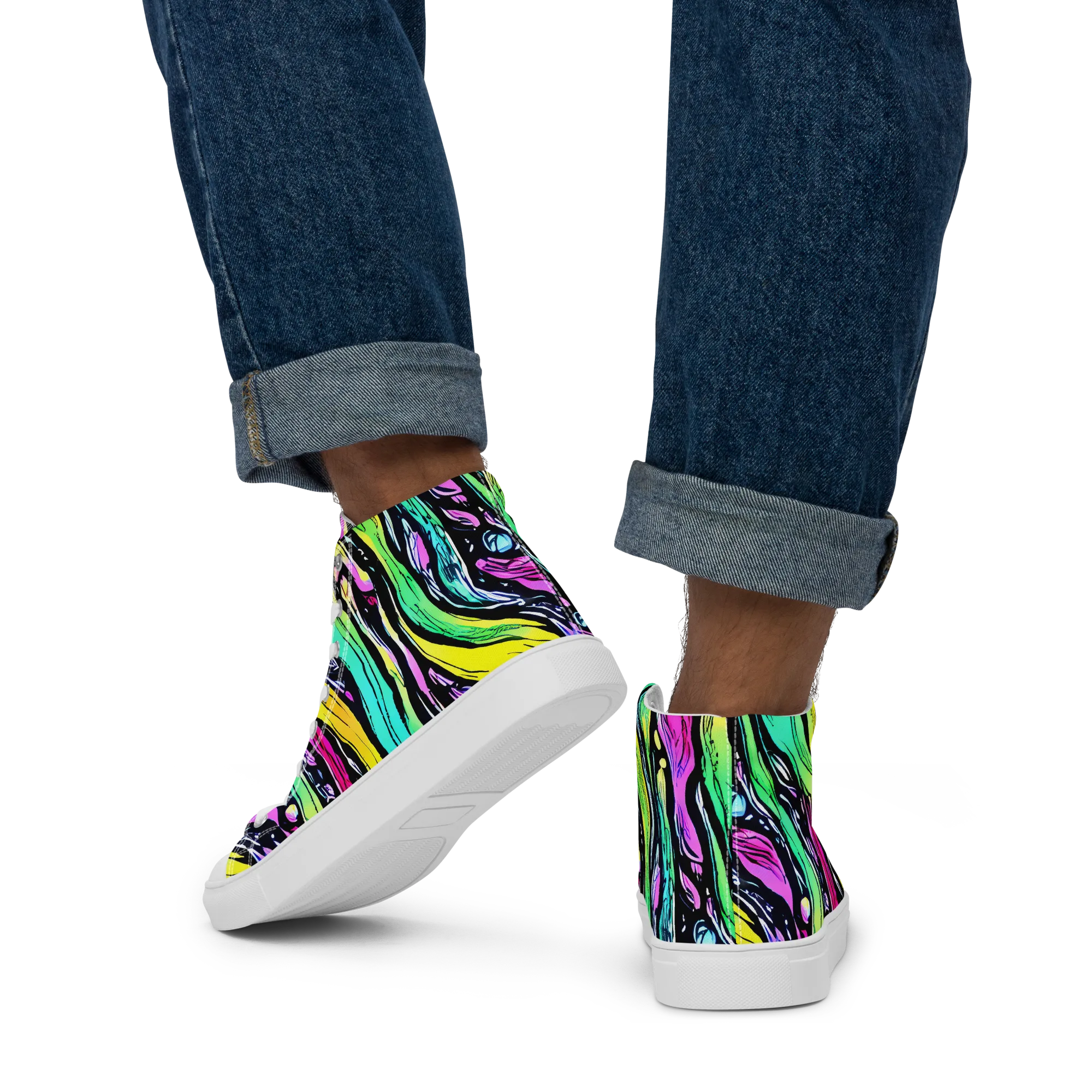 Neon Wildwater on Men's High Top Canvas Shoes — Back