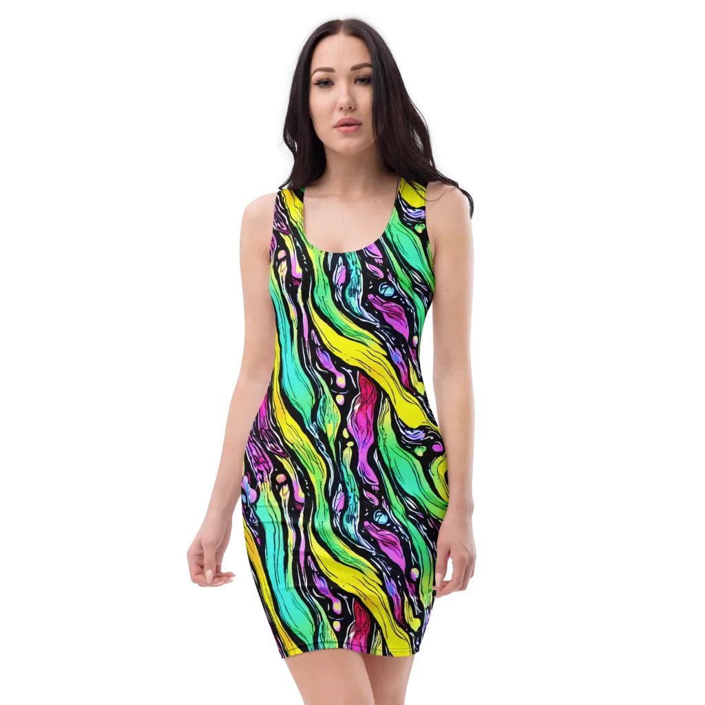 Neon Wildwater on Bodycon Dress — Front