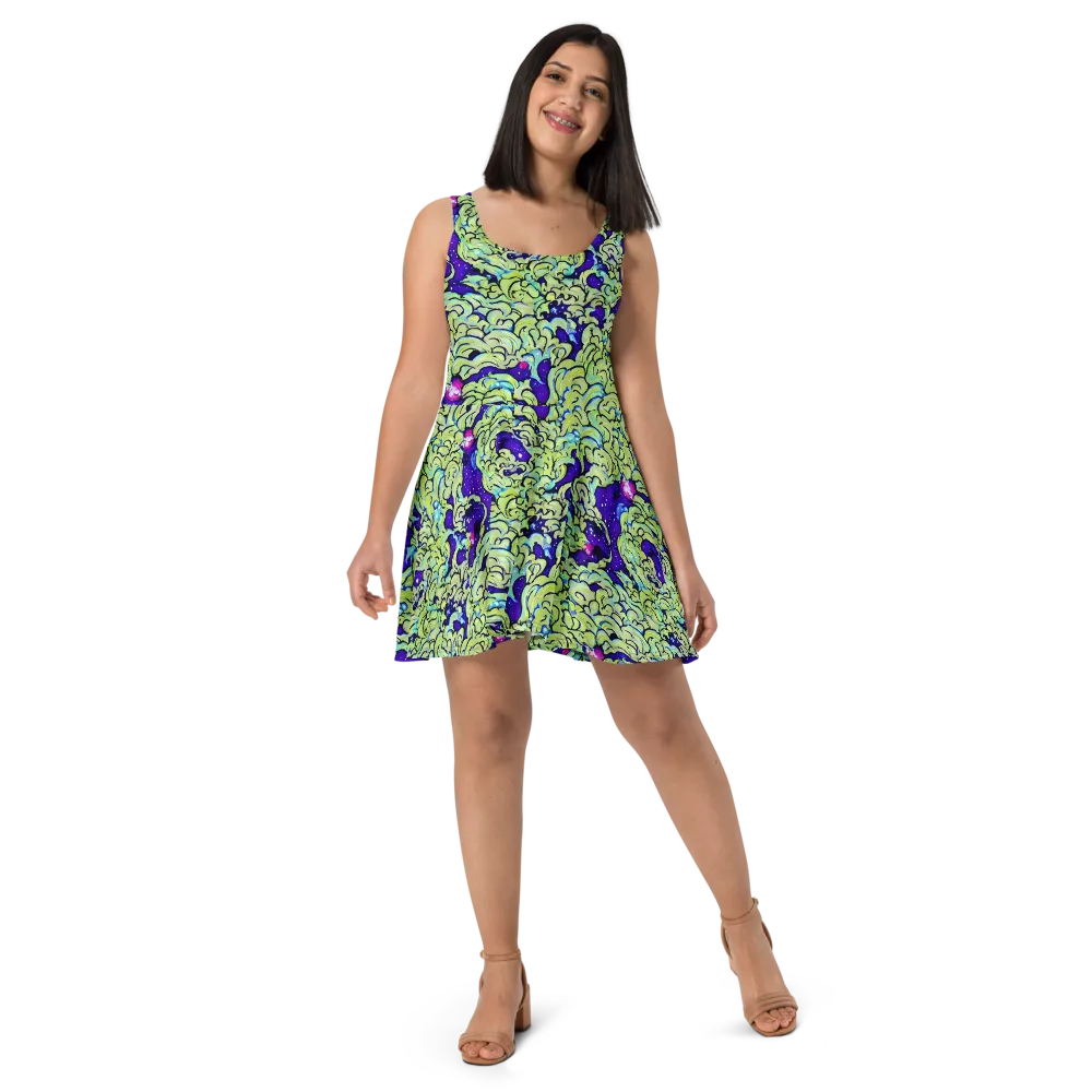 Electric Foliage on Skater Dress — Front
