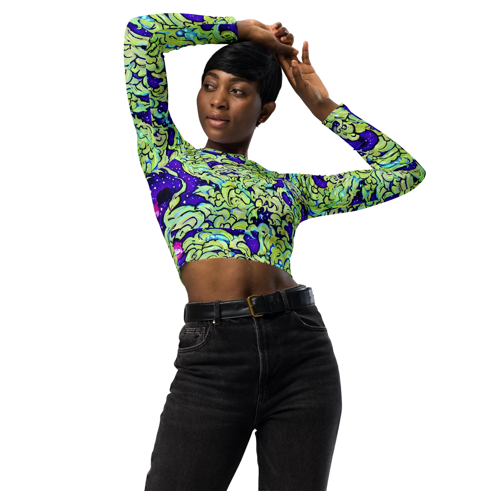 Electric Foliage on Long Sleeve Crop Top — Front