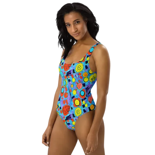 Cyan Carnival on a One-Piece Swimsuit