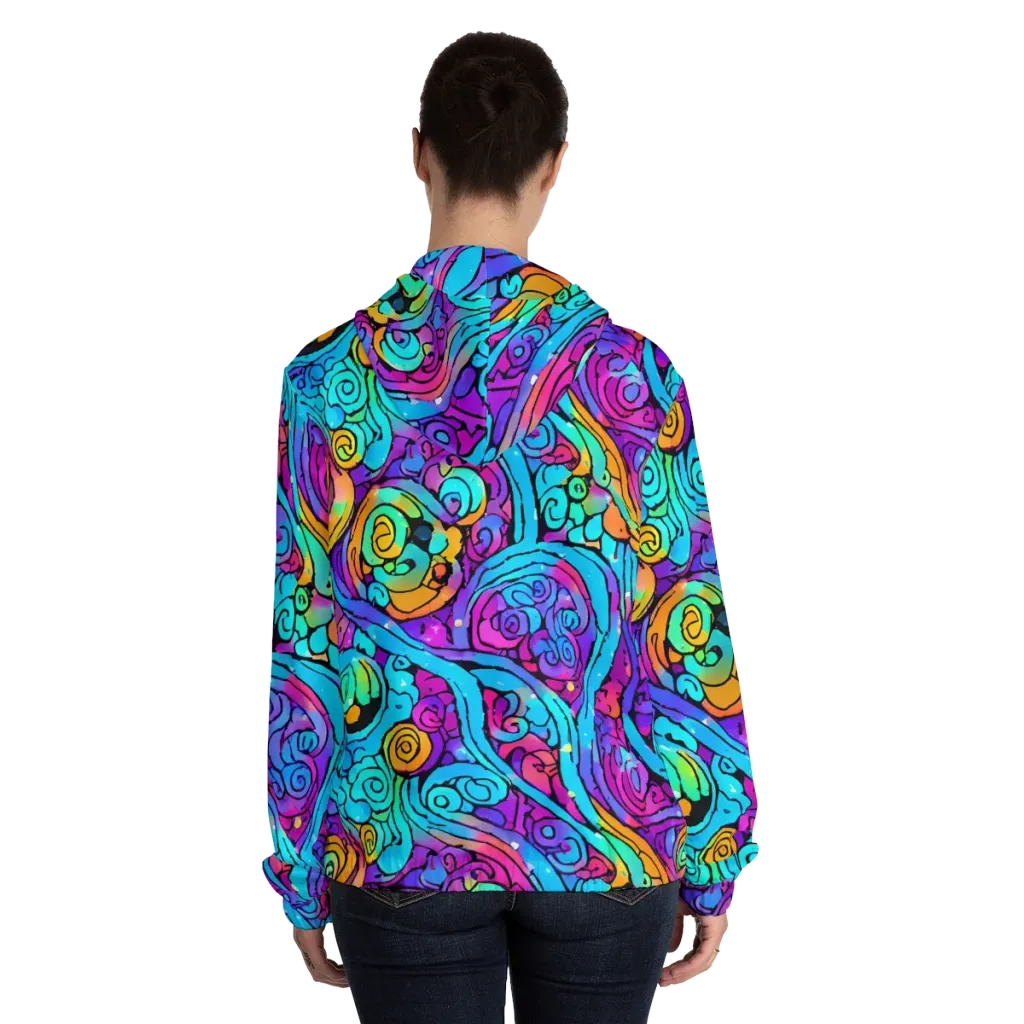 Colorstorm Spirals on Women's Full-Zip Hoodie — Back On Person