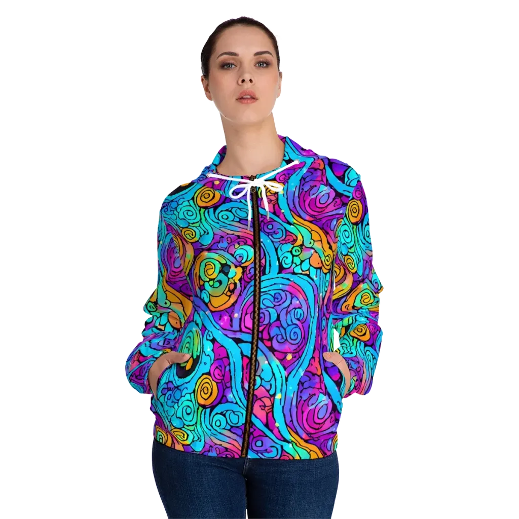Colorstorm Spirals on Women's Full-Zip Hoodie — Front On Person