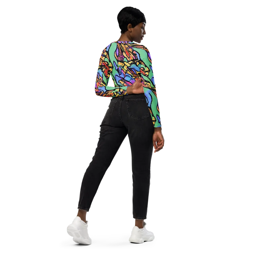 Kaleidoscope Flora on Long Sleeve Crop Top — Right Back