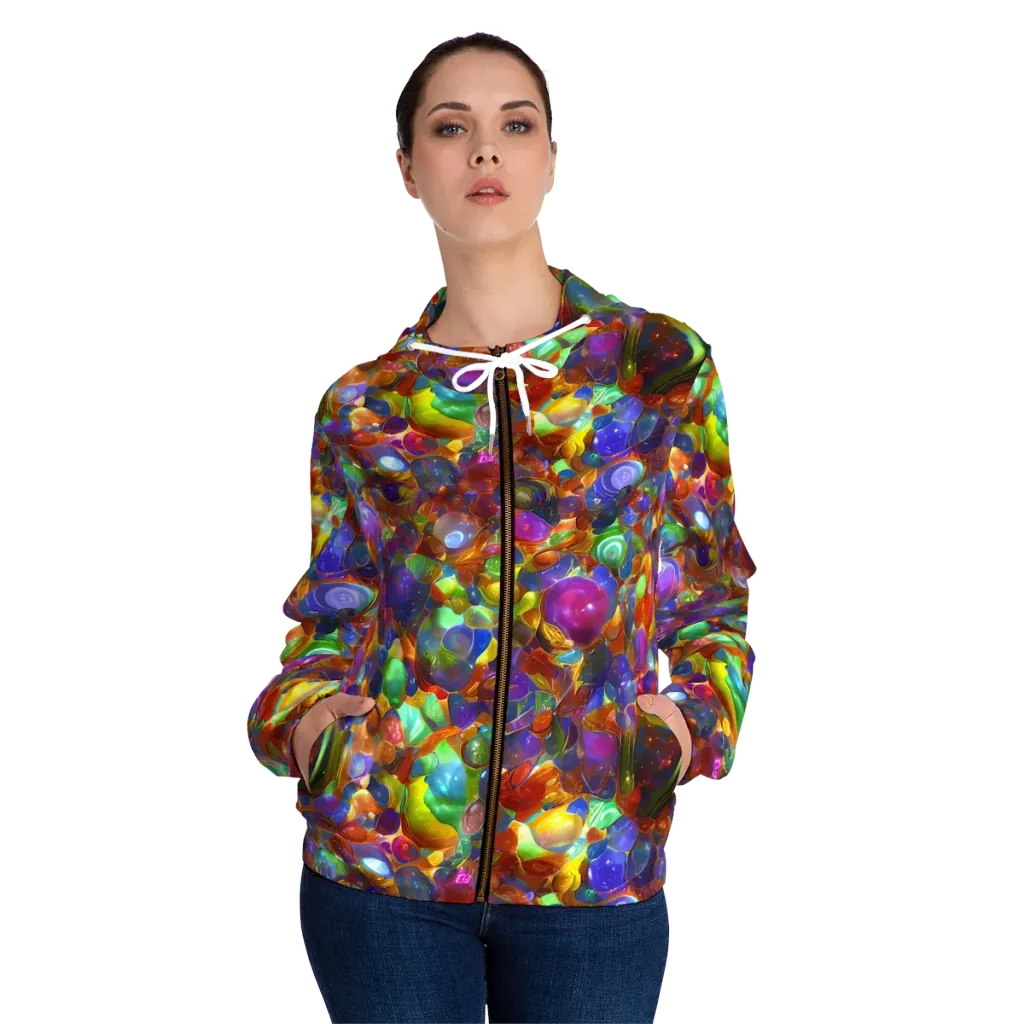 Prismatic Pebble Riot on Women's Full-Zip Hoodie — Front On Person