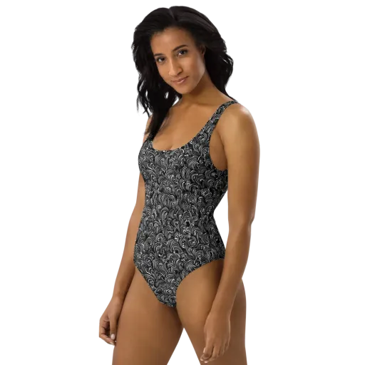 Midnight Feather on a One-Piece Swimsuit