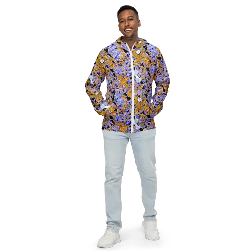 Cobalt Conflagration on a Men's Windbreaker