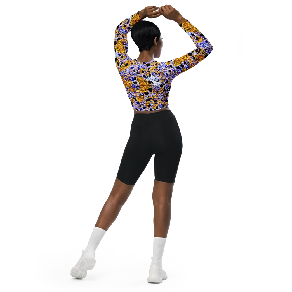 Cobalt Conflagration on Long Sleeve Crop Top — Back